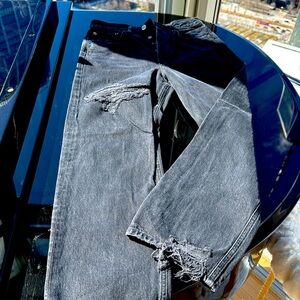 High rise tapered distressed jeans